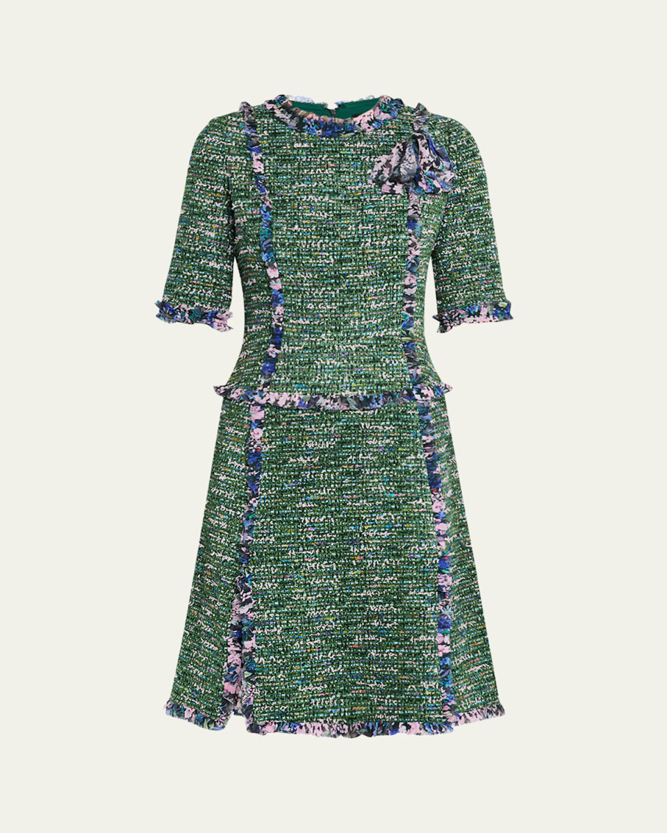 Ruffle-Trim Tweed Midi Dress